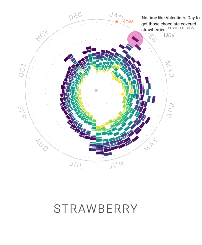 Circular map showing when strawberries are commonly searched on googlee. 